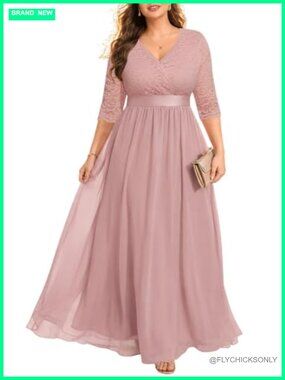 Plus Size Long Lace Chiffon A-Line Formal Evening Gown Bridesmaid Dress